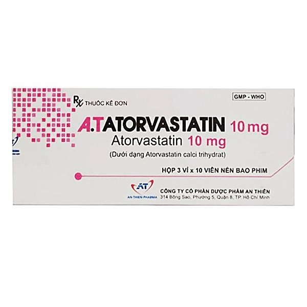 Thuốc trị rối loạn lipid máu A.T Atorvastatin 10mg hộp 3 vỉ x 10 viên nén bao phim