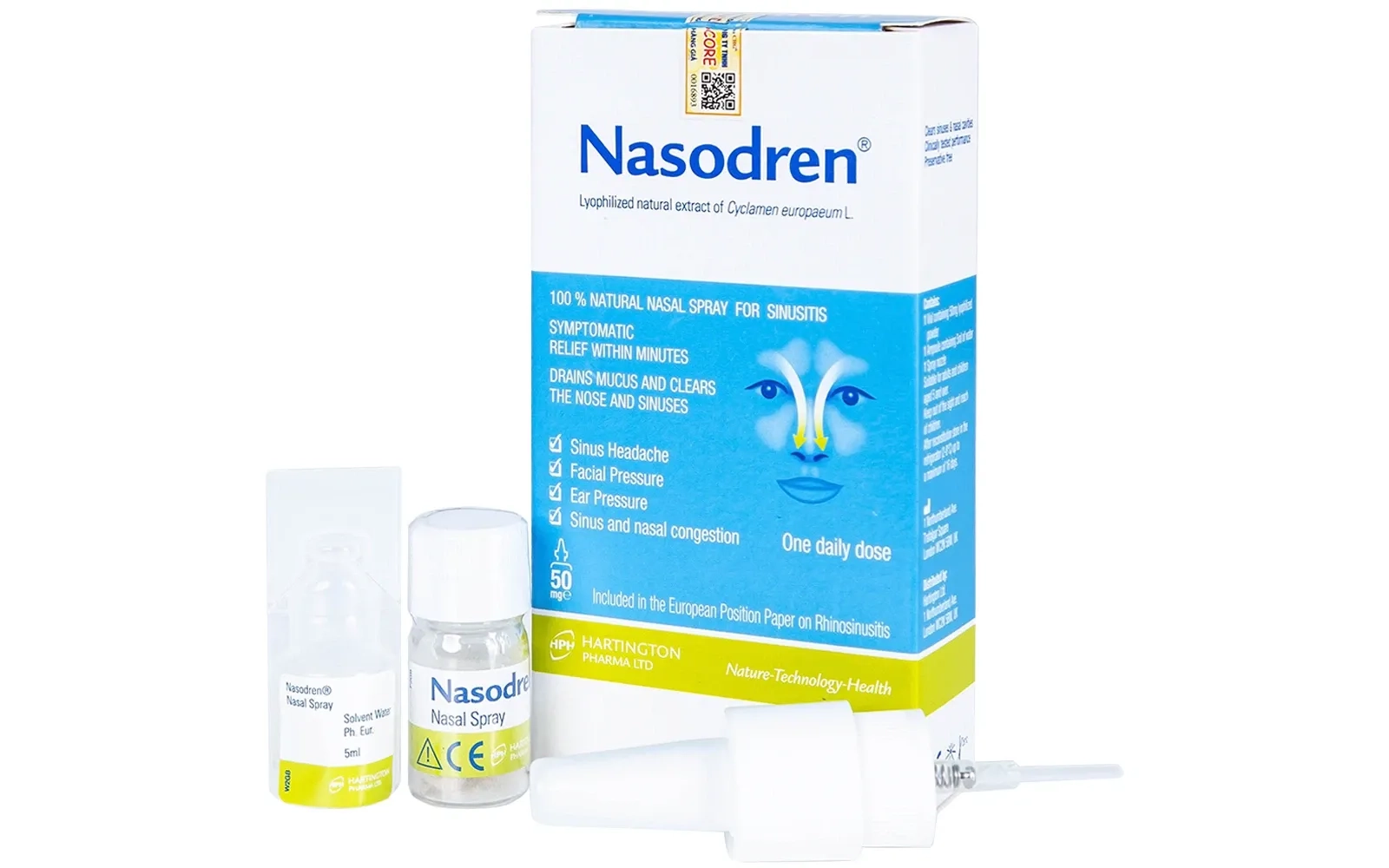 Dung dịch xịt mũi trị viêm xoang Nasodren hộp 1 lọ bột + 1 lọ nước + vòi phun