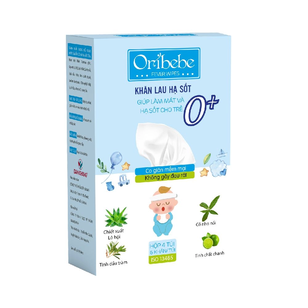 Khăn lau hạ sốt Oribebe 0+ (xanh dương) hộp 4 túi x 6 khăn