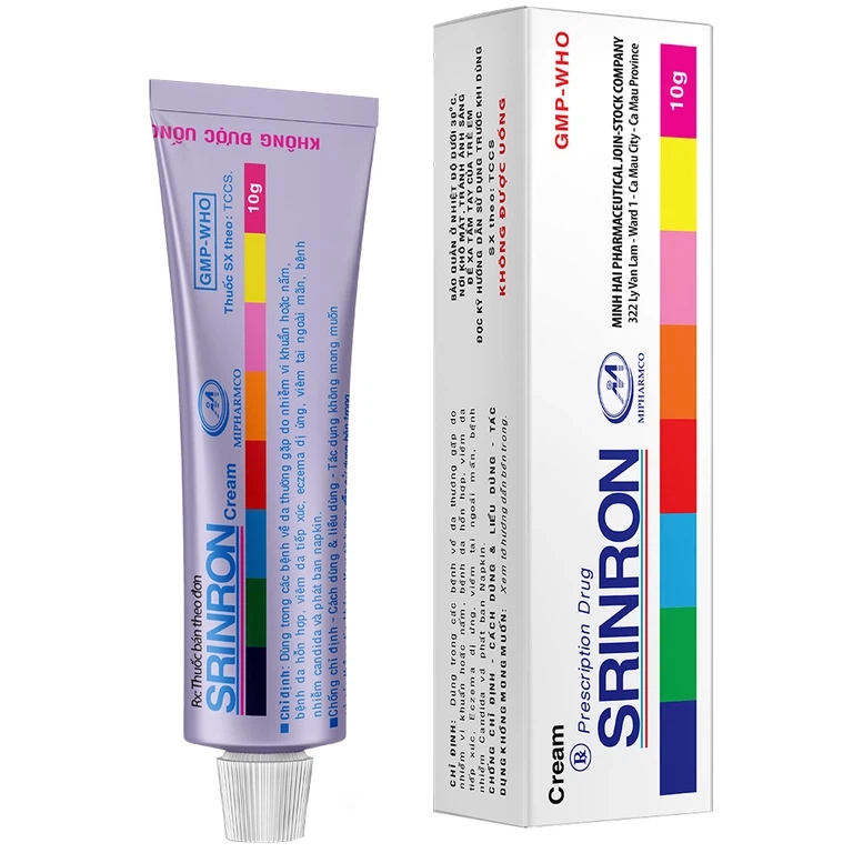 Điều trị các bệnh về da do nhiễm khuẩn hoặc nấm, bệnh da hỗn hợp Srinron 10g Mipharmco hộp tuýp x 10g