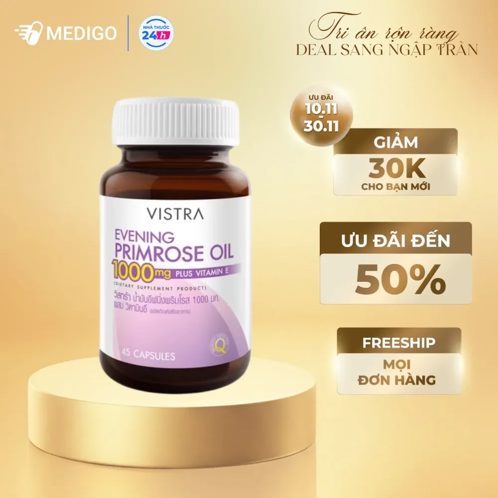Viên uống cải thiện độ đàn hồi da, làm đẹp da Vistra Evening Primrose Oil 1000 Mg Plus Vitamin E hộp 1 lọ 45 viên