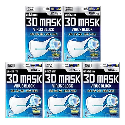 Khẩu trang siêu vừa vặn, ngăn virus Unicharm 3D Mask Virus Block gói 5 cái