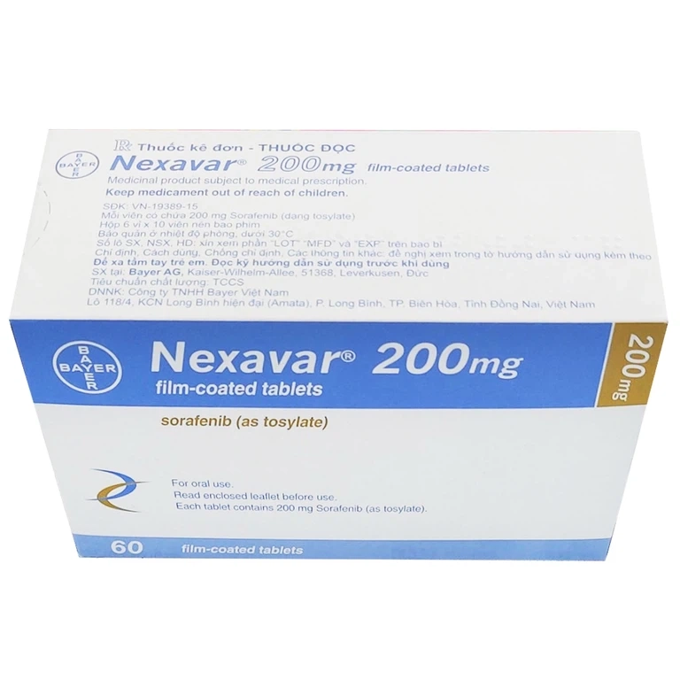 Điều trị cho bệnh nhân ung thư gan, thận và ung thư tuyến giáp Nexavar 200mg Bayer hộp 6 vỉ x 10 viên