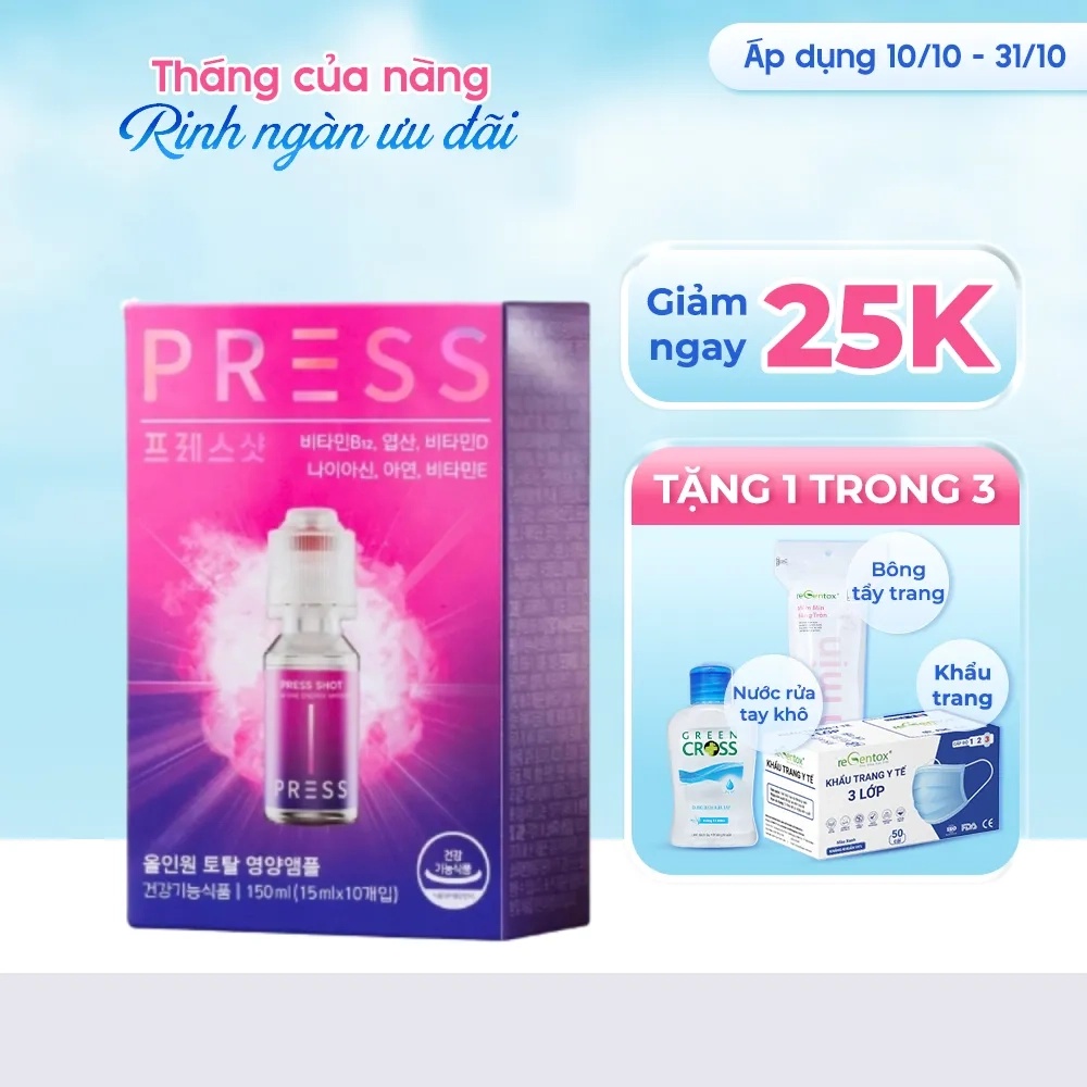 [Giảm 25k + quà tặng] Vitamin tươi giúp đẹp da Press Shot hộp 10 lọ x 15ml