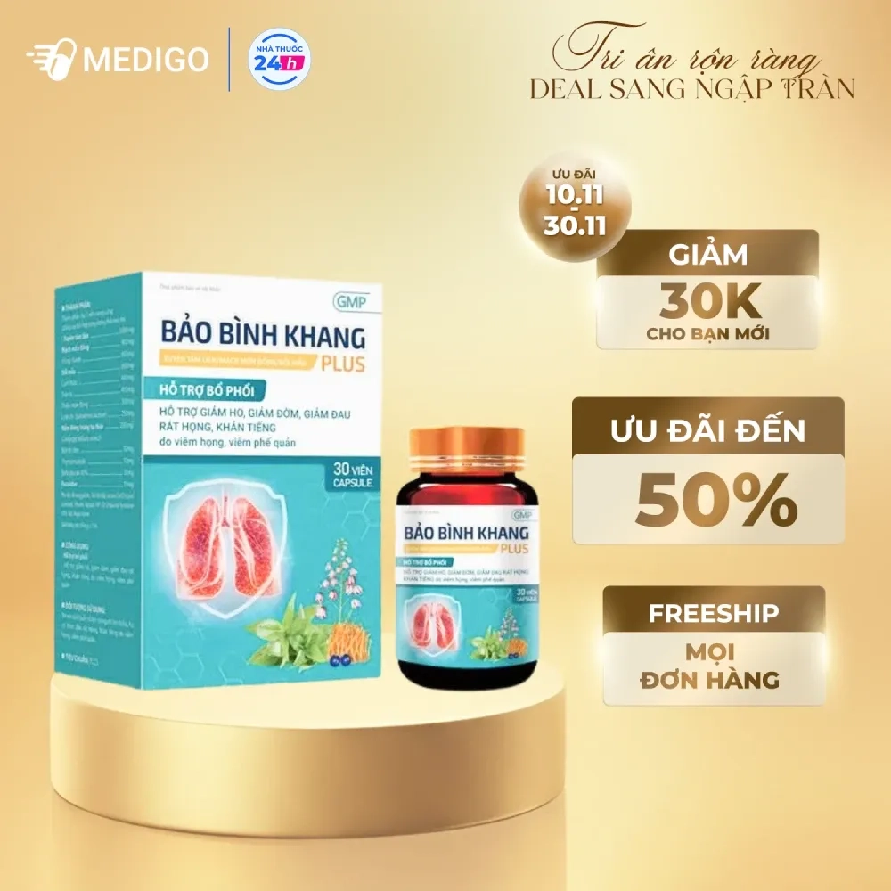 Hỗ trợ bổ phổi, giảm ho, giảm đờm Bảo Bình Khang Plus hộp 30 viên