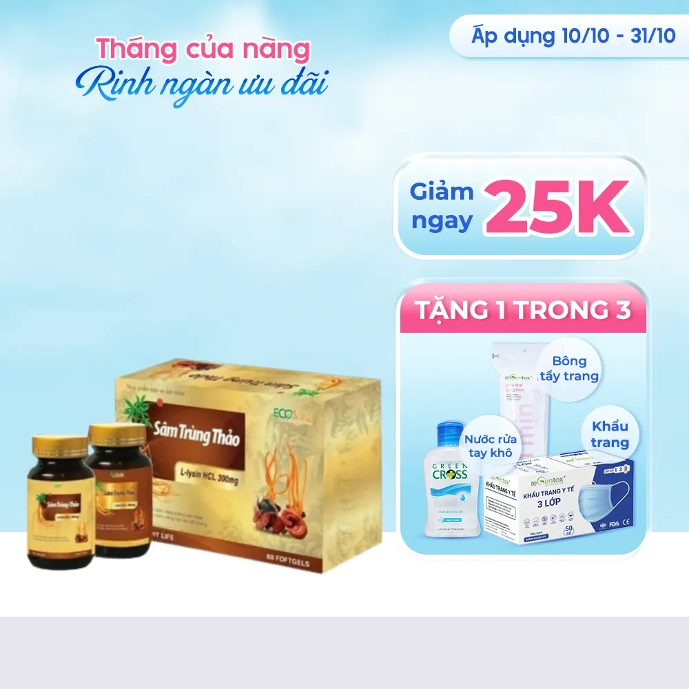 [Giảm 25k + quà tặng] Tăng cường đề kháng Sâm Trùng Thảo Ecosun hộp 2 chai x 30 viên