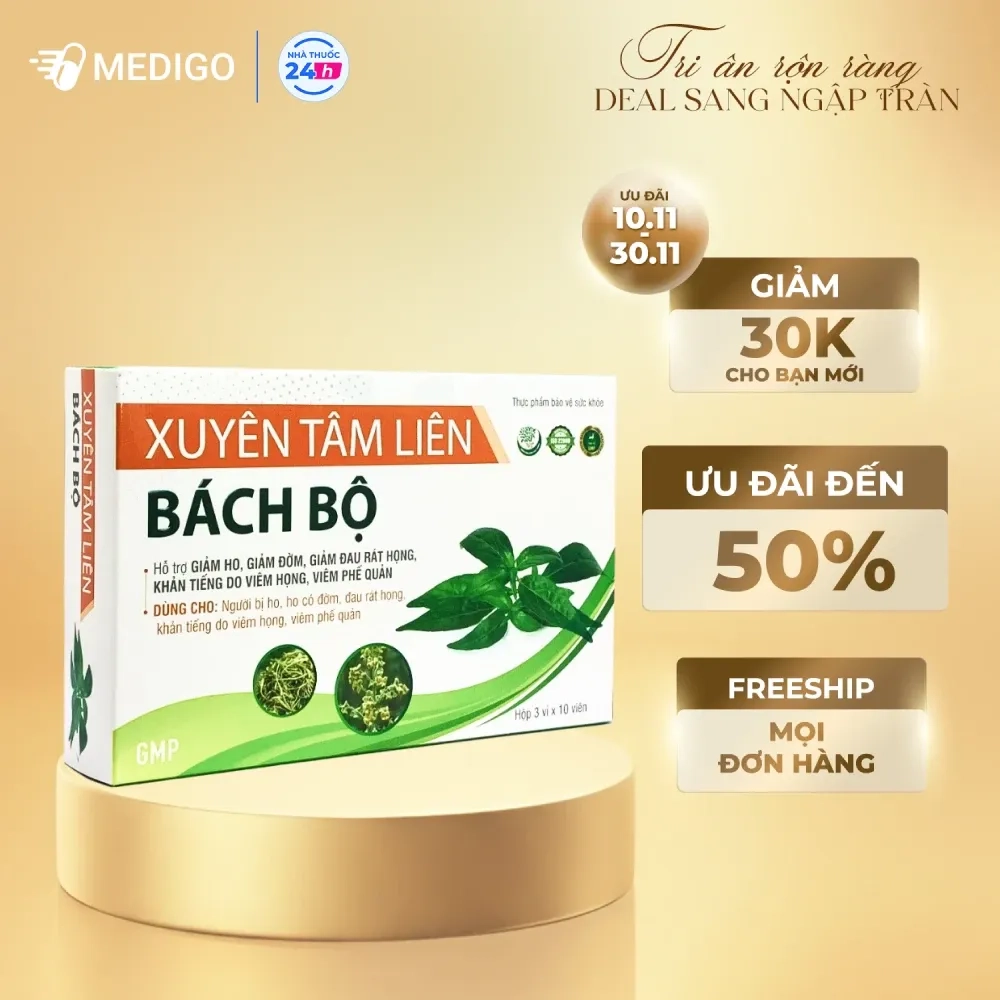 Hỗ trợ giảm ho, giảm đờm Xuyên Tâm Liên Bách Bộ (Vạn Tâm) hộp 3 vỉ x 10 viên