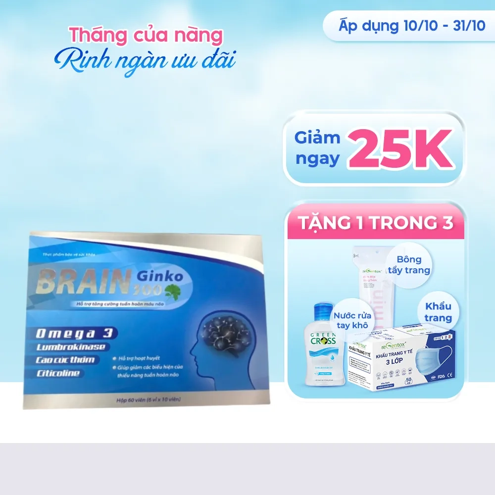 [Giảm 25k + quà tặng] Hoạt huyết tuần hoàn não Brain Ginko 300 Ecosun hộp 6 vỉ x 10 viên
