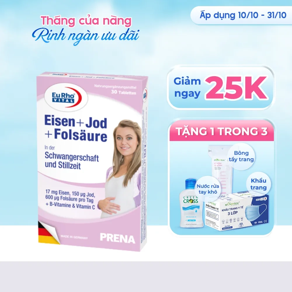 [Giảm 25k + quà tặng] Bổ sung sắt cho thai kỳ EuRho Vital Eisen + Jod + Folsaure hộp 30 viên