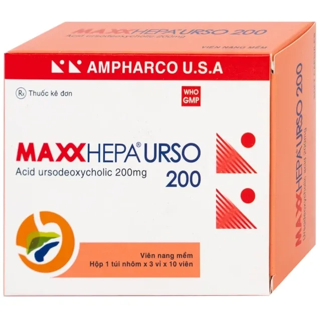 Điều trị xơ gan do mật nguyên phát, tan sỏi túi mật cholesterol Maxxhepa Urso 200 Ampharco hộp 3 vỉ x 10 viên