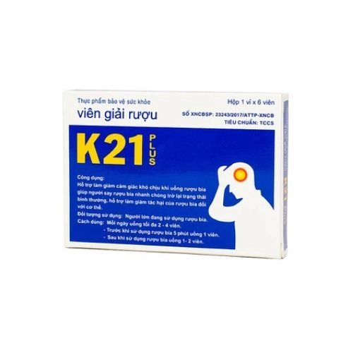 Hỗ trợ làm giảm cảm giác khó chịu khi uống rượu bia Viên giải rượu K21 Plus Thiên Khánh hộp 1 vỉ x 6 viên