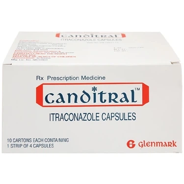 Thuốc điều trị nấm Candida, lang beng, nấm móng, nấm chân tay Canditral 100mg Glenmark hộp 10 vỉ x 4 viên