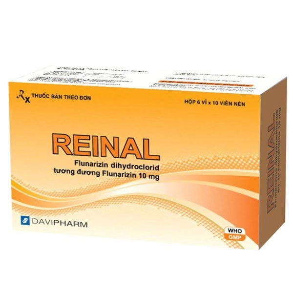 Thuốc điều trị dự phòng cơn đau nửa đầu Reinal (Flunarizin dihydroclorid 10mg) hộp 6 vỉ x 10 viên nén