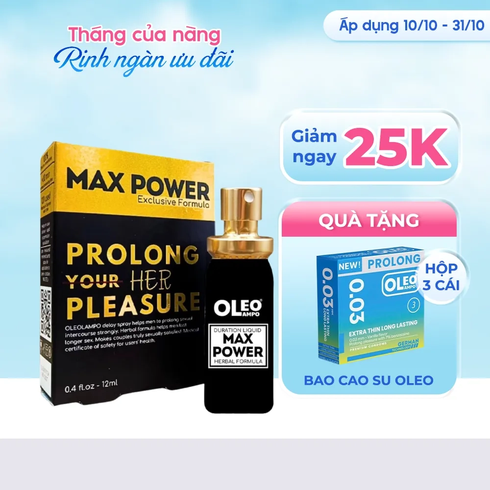 [Giảm 25k + quà tặng] Chai xịt kéo dài Max Power Oleo Lampo hộp 1 chai 12ml