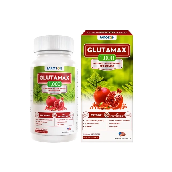 Hỗ trợ tăng cường chống oxy hóa, giảm lão hóa da GLUTAMAX 1000 FAROSON hộp 1 lọ x 30 viên
