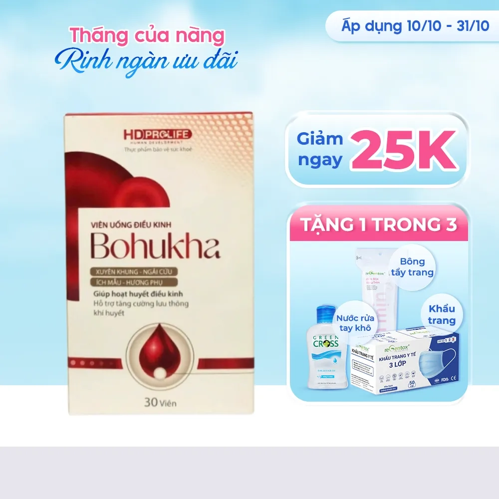 [Giảm 25k + quà tặng] Viên uống điều kinh Bohukha HD-Prolife hộp 30 viên