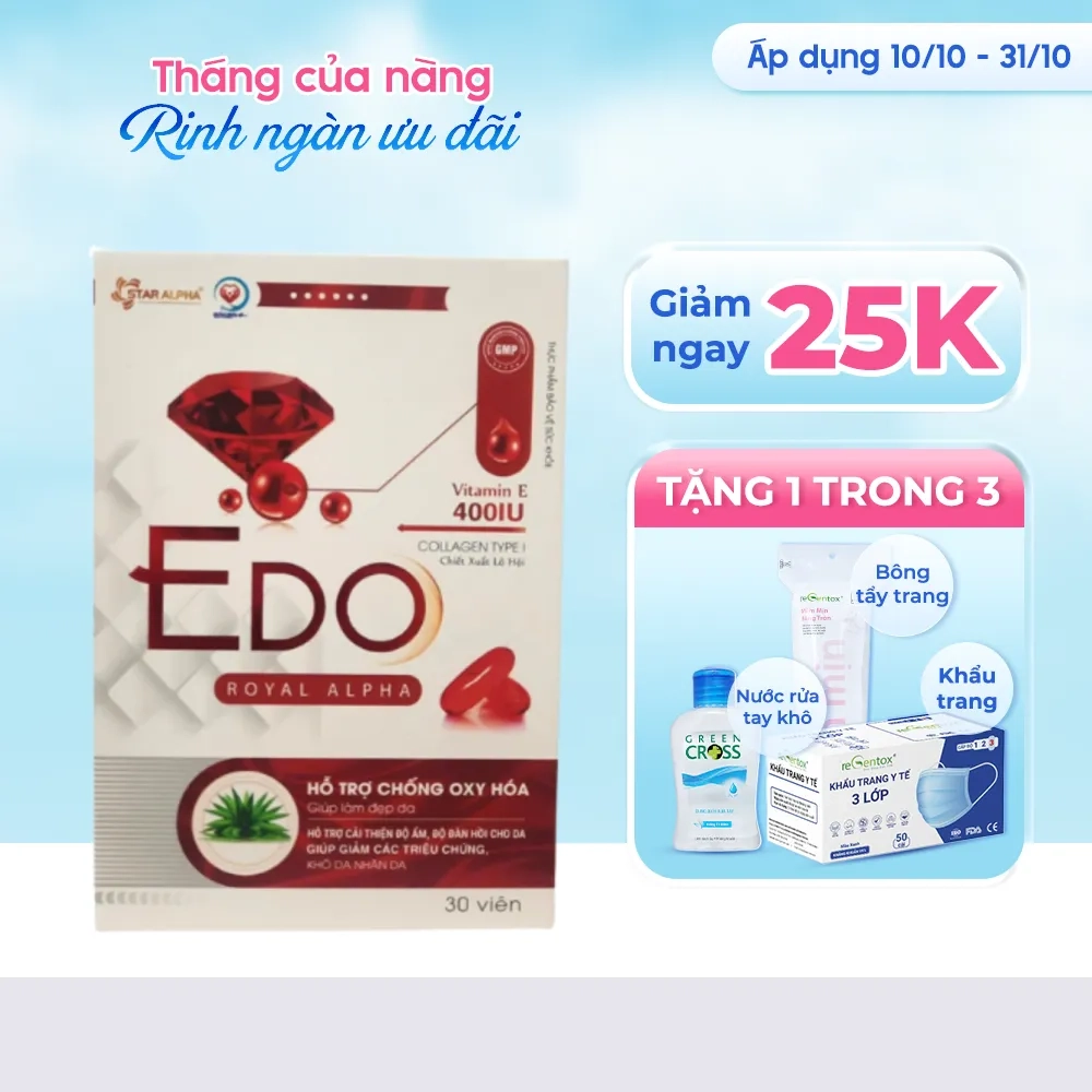 [Giảm 25k + quà tặng] Bổ sung vitamin E, collagen Edo Star Alpha hộp 30 viên