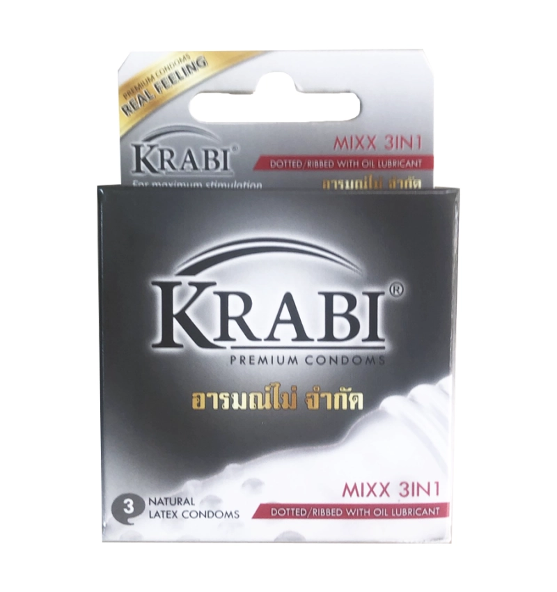 Bao cao su KRABI MIXX 3IN1 gân, gai, gel bôi trơn (xám) hộp 3 cái