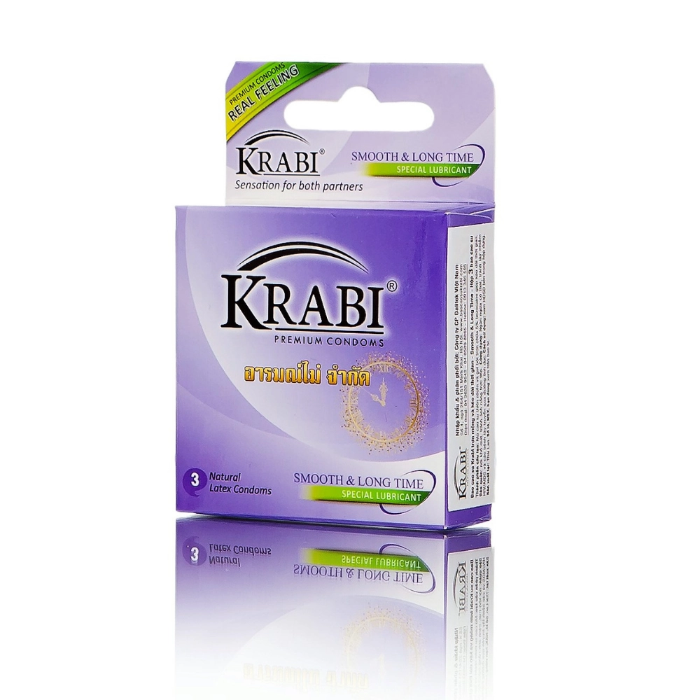 Bao cao su Krabi Smooth & Longtime trơn, kéo dài (tím) hộp 3 cái