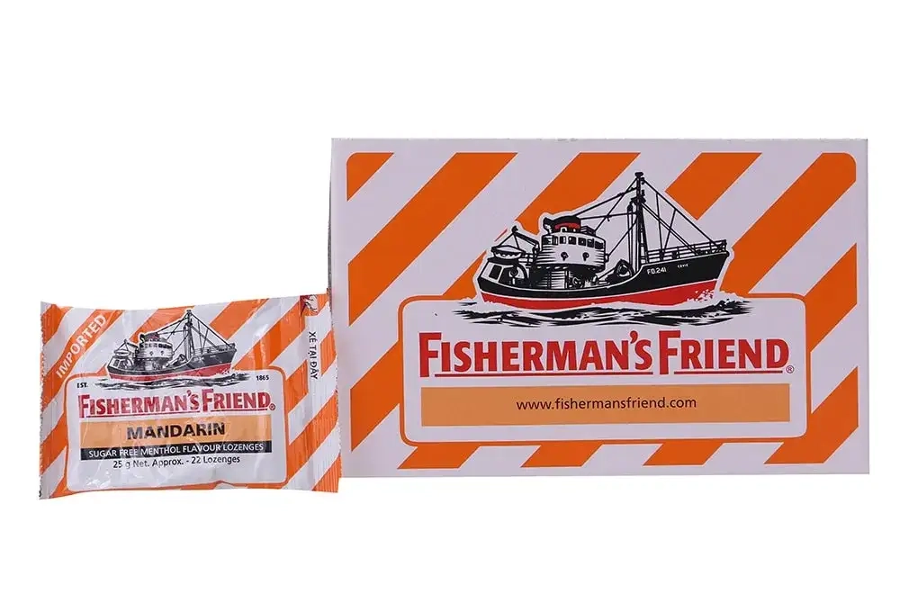 Kẹo cay con tàu (màu cam) không đường Vị Quýt và Menthol Fisherman's Friend  (MANDARIN) hộp 24 gói x 25g