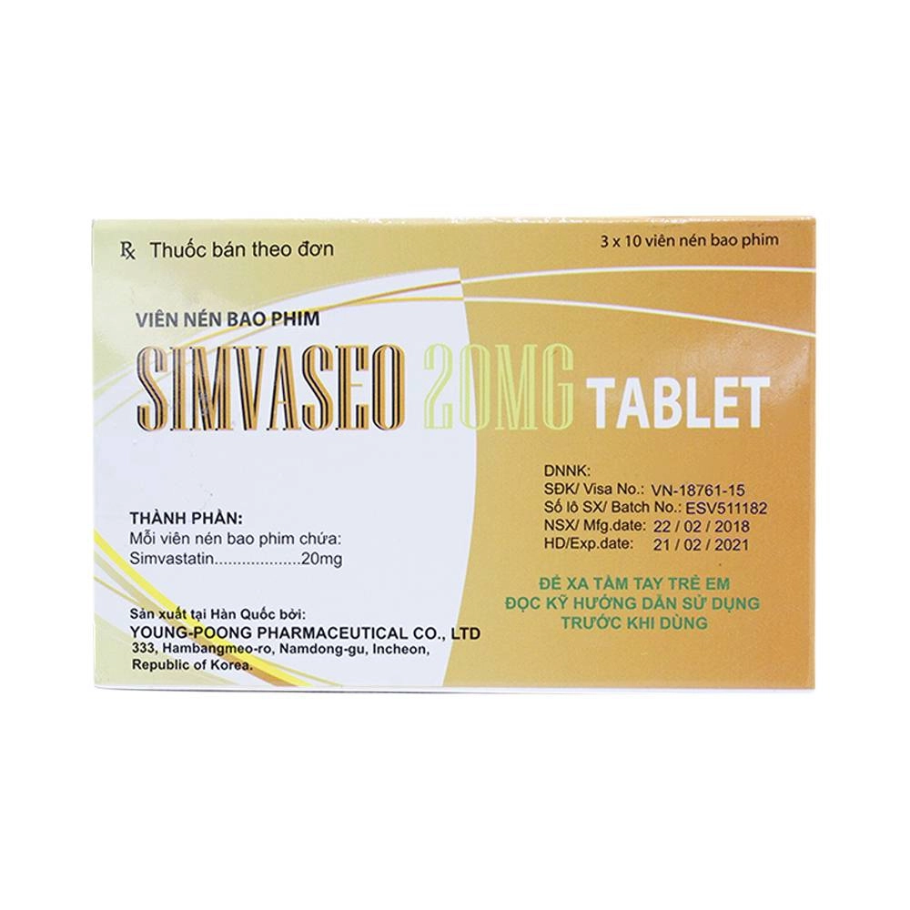 Thuốc hạ mỡ máu Simvaseo 20mg Young Poong hộp 3 vỉ x 10 viên