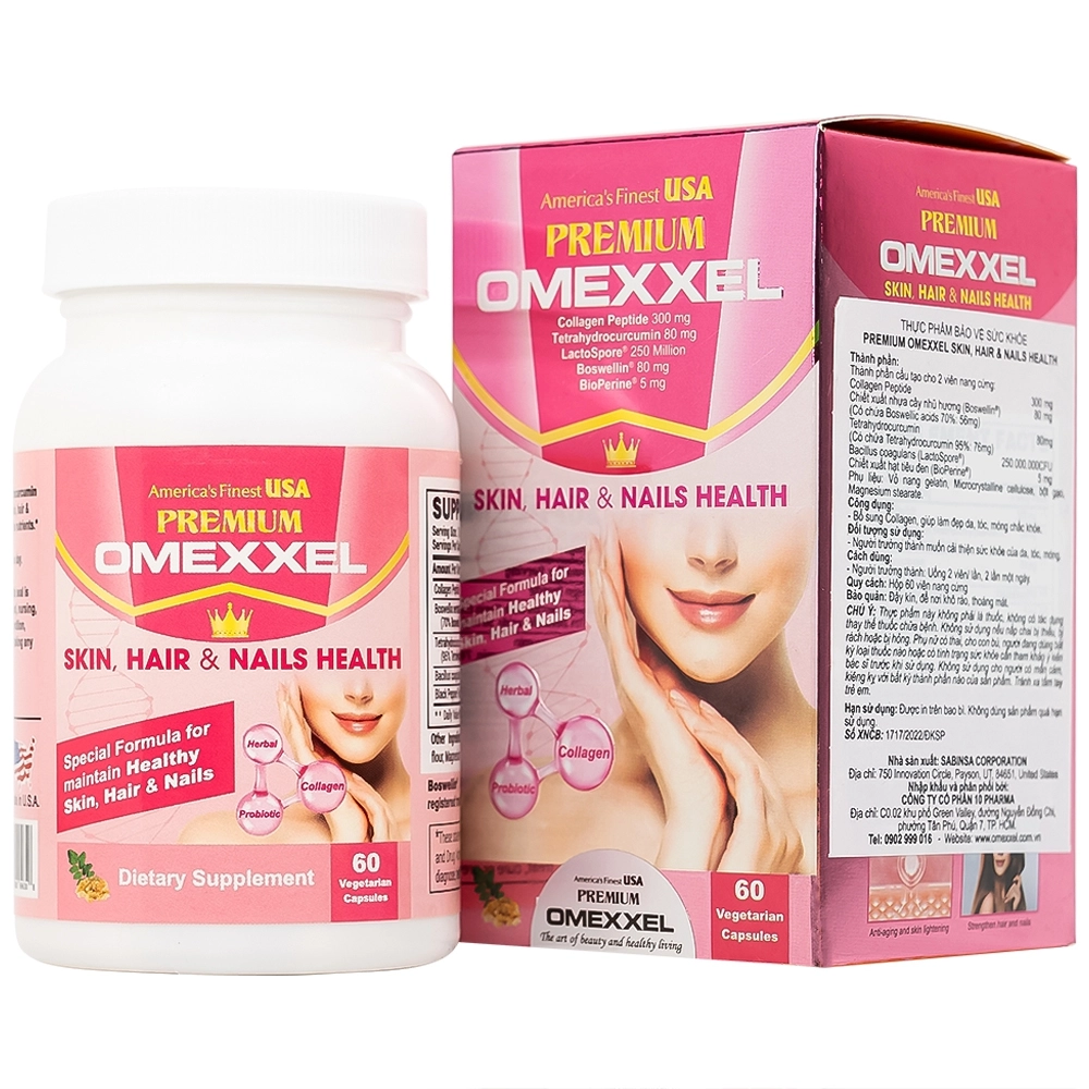Bổ sung Collagen, giúp làm đẹp da, tóc, móng Premium Omexxel Skin, Hair And Nails Health hộp 60 viên