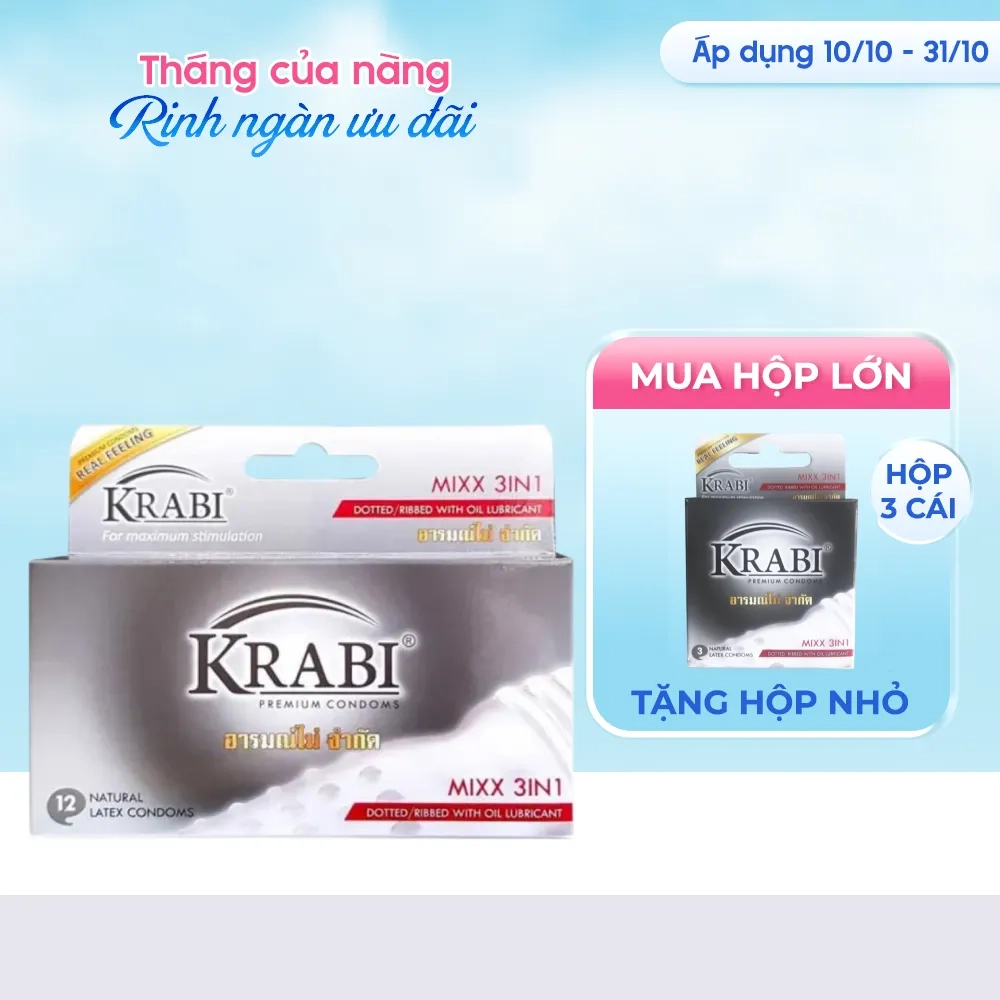 [MUA 1 TẶNG 1] Bao cao su Krabi Mixx 3in1 gân, gai, gel bôi trơn (xám) hộp 12 cái