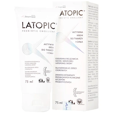 Làm dịu ngứa da dị ứng, kích ứng da, giảm thô ráp da kem dưỡng ẩm Latopic Face And Body Cream tuýp x 75ml