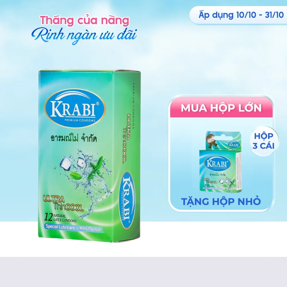 [MUA 1 TẶNG 1] Bao cao su Krabi Ultra Thin Cool siêu mỏng, hương bạc hà hộp 12 cái