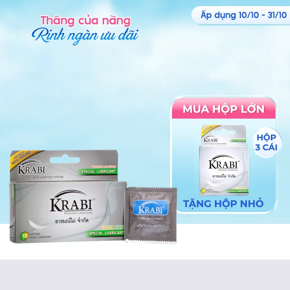 [MUA 1 TẶNG 1] Bao cao su siêu mỏng Krabi Premium Condoms hộp 12 cái