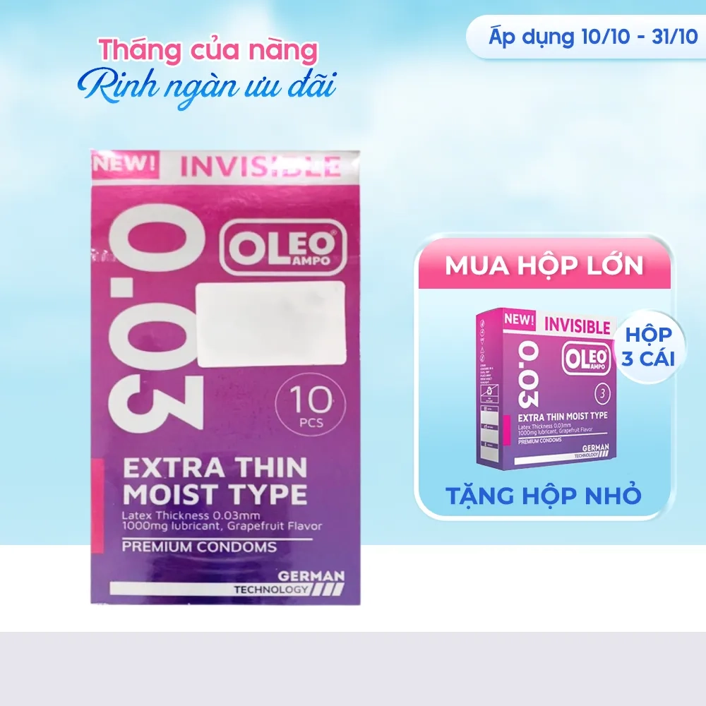 [MUA 1 TẶNG 1] Bao cao su siêu mỏng Oleo Invisible Extra Thin 003 hộp 10 cái