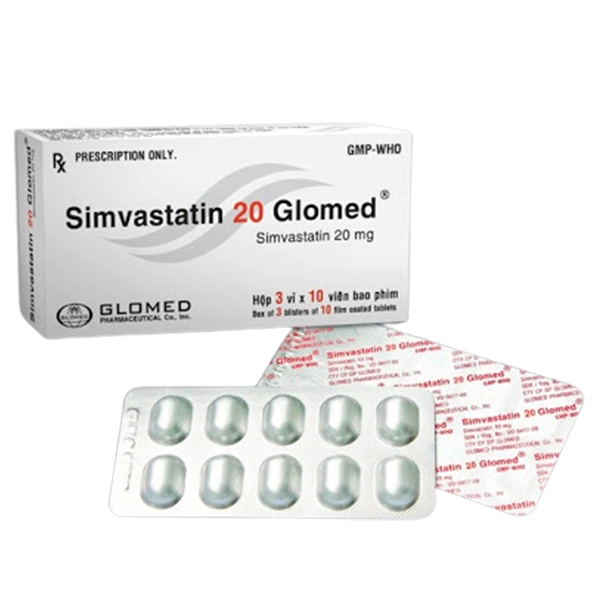 Thuốc hạ mỡ máu Simvastatin 20 Glomed hộp 3 vỉ x 10 viên