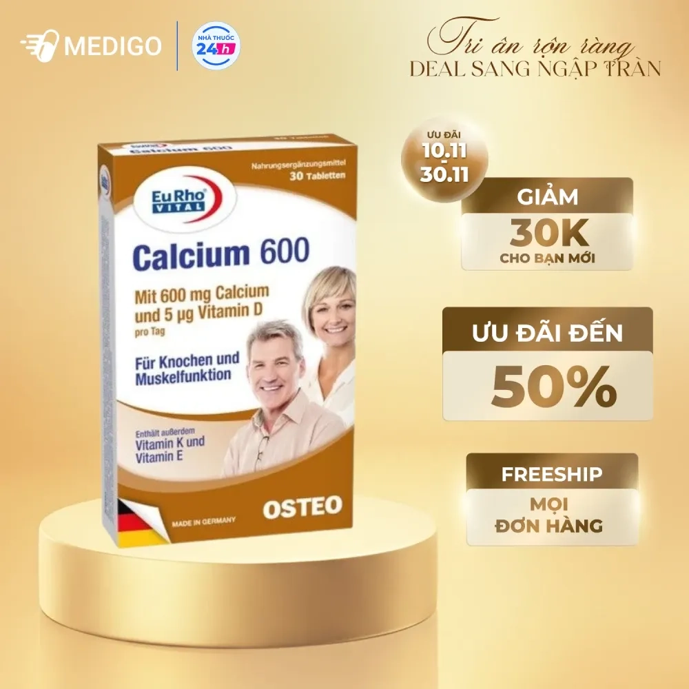 Bổ sung Calci, Vitamin D EuRho Vital Calcium 600 hộp 30 viên