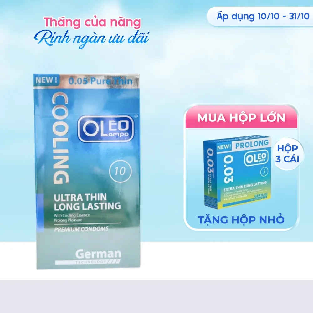 [MUA 1 TẶNG 1] Bao cao su kéo dài thời gian Oleo LamPo Cooling bạc hà mát lạnh hộp 10 cái