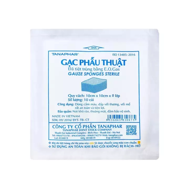 GẠC PHẪU THUẬT TANAPHAR túi 10 miếng x 100 x 100 mm x 8 lớp