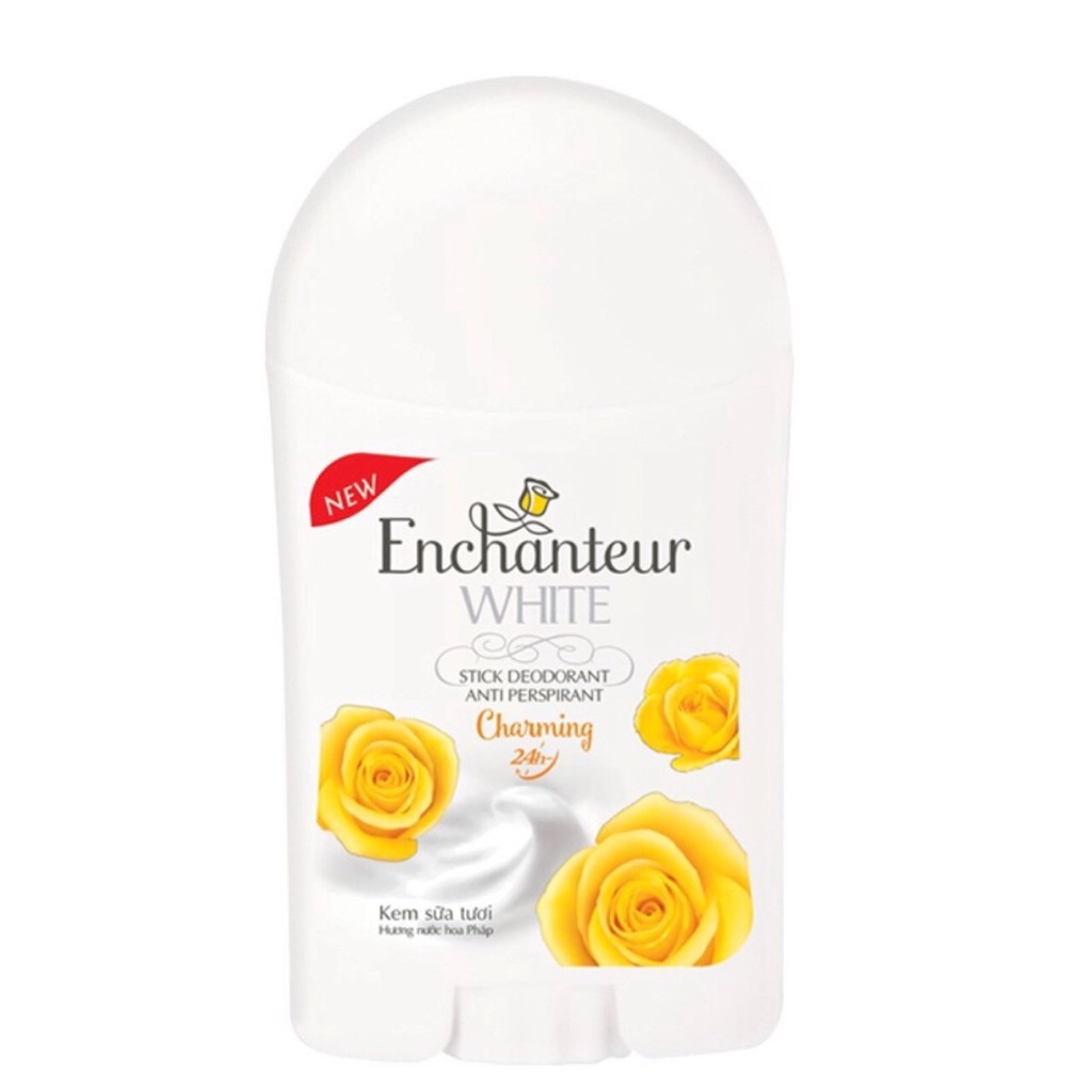 Sáp khử mùi kem sữa tươi hương nước hoa Pháp Enchanter White Stick Deodorant Anti Perspirant Charming 24h (vàng) chai 40g