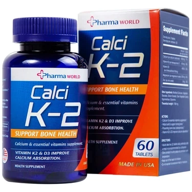 Hỗ trợ giảm nguy cơ loãng xương Calci K-2 Pharma World hộp 1 lọ 60 viên