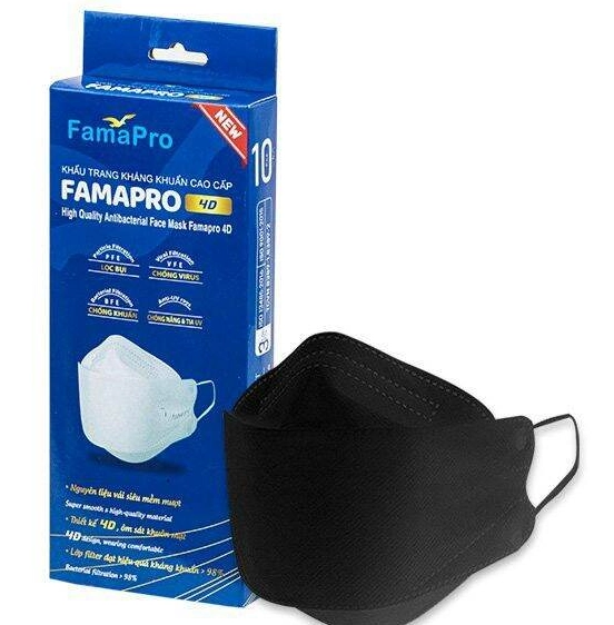Khẩu trang kháng khuẩn cao cấp Famapro 4D (đen) hộp 10 cái