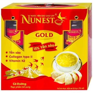 Giúp bồi bổ sức khỏe và đẩy lùi lão hóa nước Yến Sào cao cấp Nunest Gold 15% có đường lốc 6 hũ x 70ml