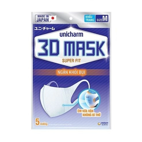 Khẩu trang siêu vừa vặn, ngăn khói bụi Unicharm 3D Mask Super Fit gói 5 cái
