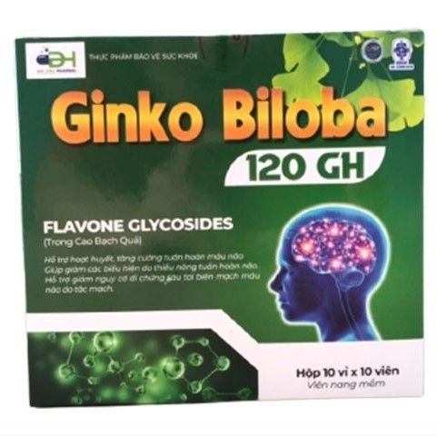 Hỗ trợ hoạt huyết, tuần hoàn máu não Ginko Biloba 120 GH (Gia Hào Pharma) hộp 10 vỉ x 10 viên nang mềm