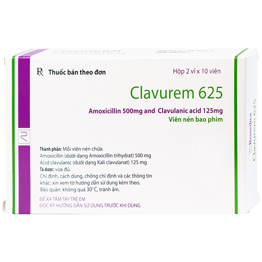 Thuốc kháng sinh Clavurem 625 Remedica hộp 2 vỉ x 10 viên