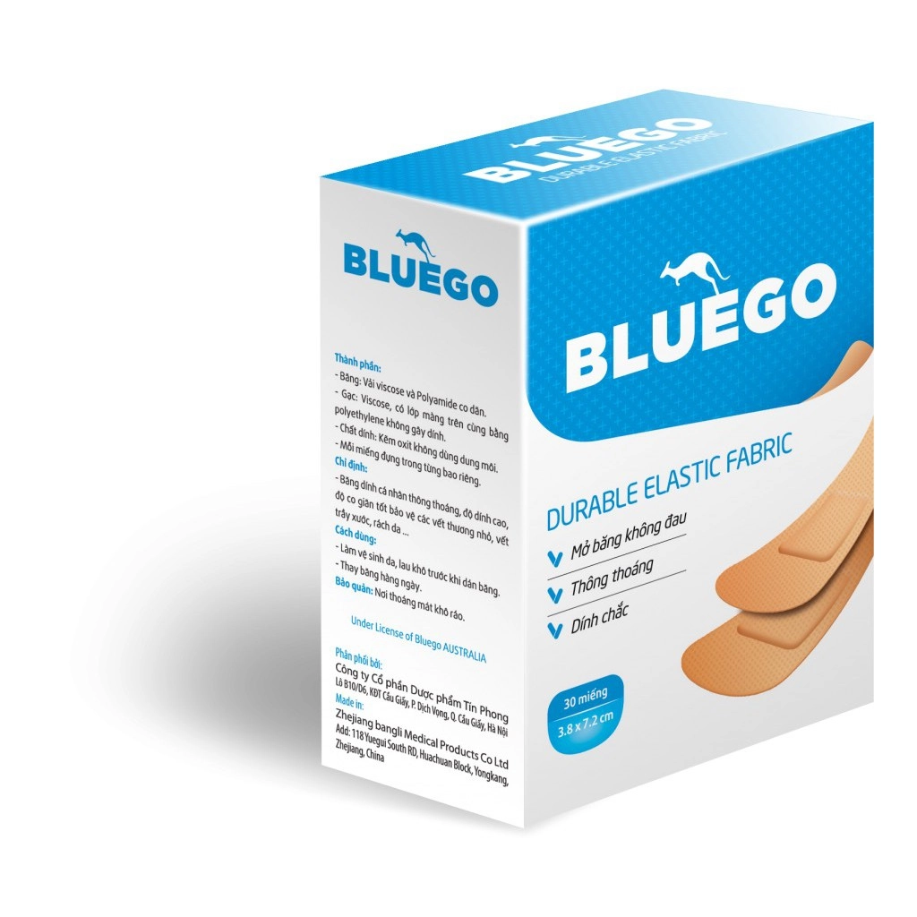 Băng cá nhân BLUEGO Durable Elastic Fabric hộp 30 miếng 3.8 x 7.2cm