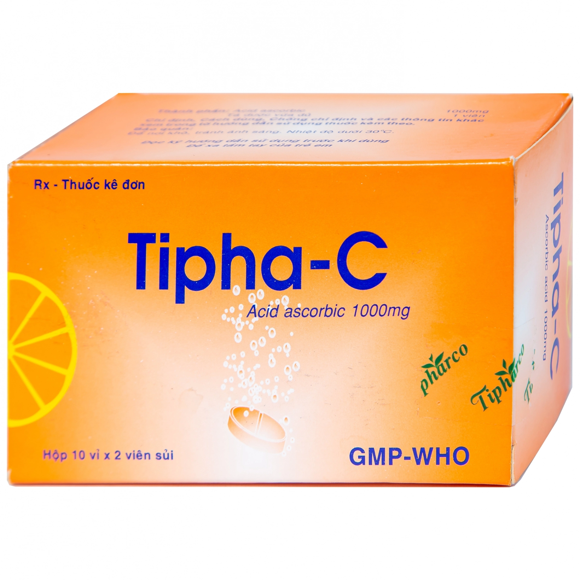 Viên sủi điều trị thiếu vitamin C Tipha-C 1000mg Tipharco hộp 10 vỉ x 2 viên