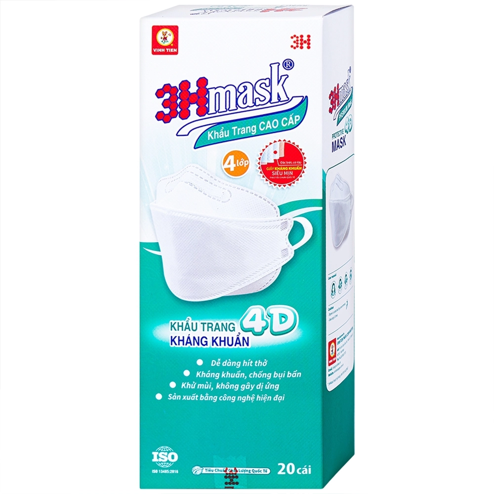 Khẩu trang 4D kháng khuẩn màu trắng 3Hmask Vĩnh Tiến hộp 20 cái