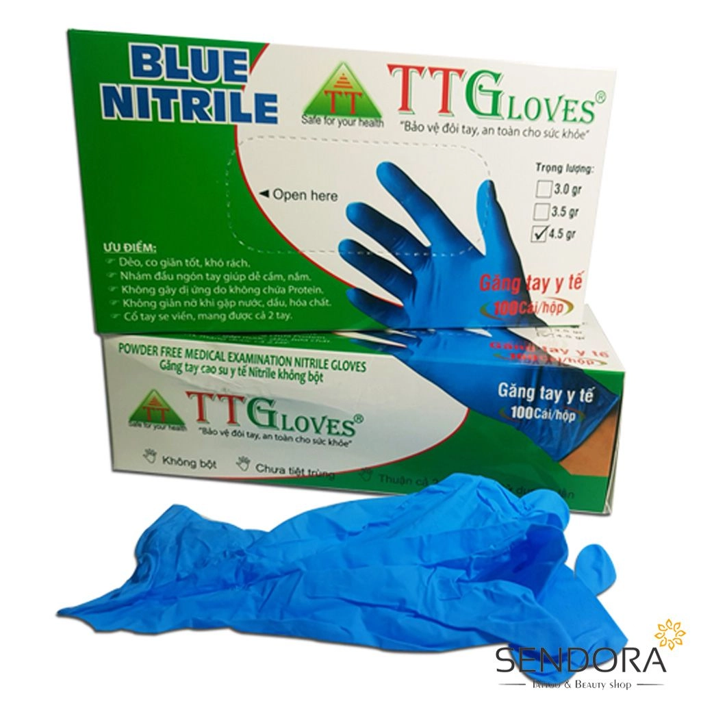 Găng tay cao su y tế màu xanh không bột NITRILE hộp 100 cái