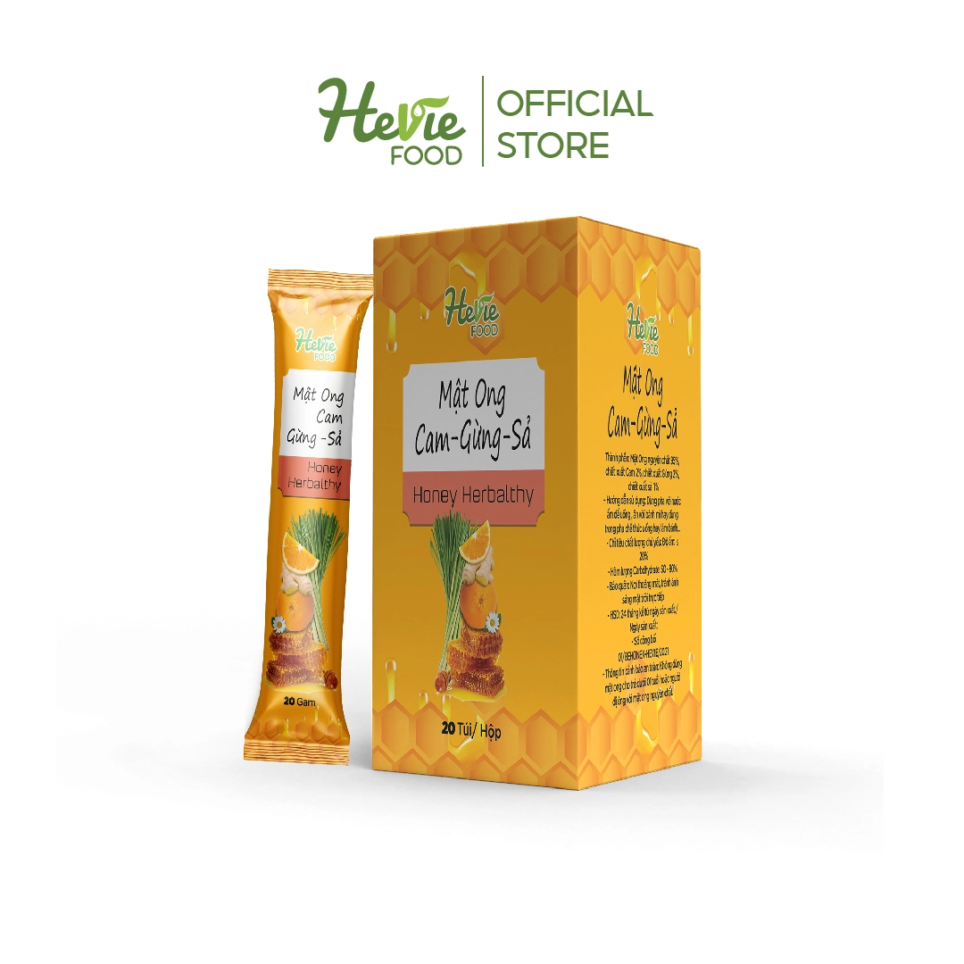 Detox cơ thể thon dáng đẹp da HeVieFood Mật Ong Cam Gừng - Sả hộp 20 túi x 20g