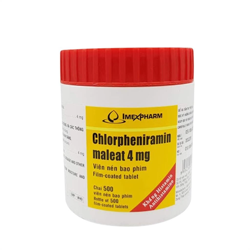 Thuốc chống dị ứng Chlorpheniramine Maleate 4mg Imexpharm chai 500 viên nén bao phim