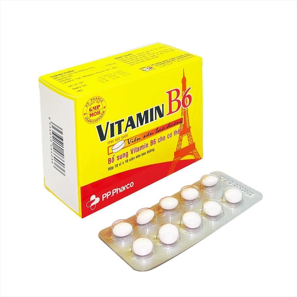 Viên uống bổ sung Vitamin B6 PP.Pharco hộp 10 vỉ x 10 viên bao đường