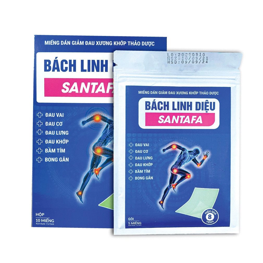 Miếng dán giảm đau xương khớp thảo dược Bách Linh Diệu Santafa hộp 2 gói x 5 miếng 11 x 15cm